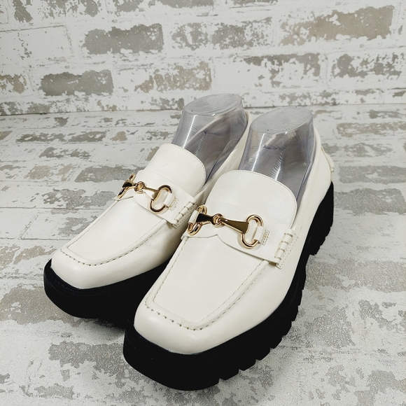 NEW Nordstrom Open Edit White Faux Patent Gold Chunky Academia Loafers C433 - Picture 2 of 14